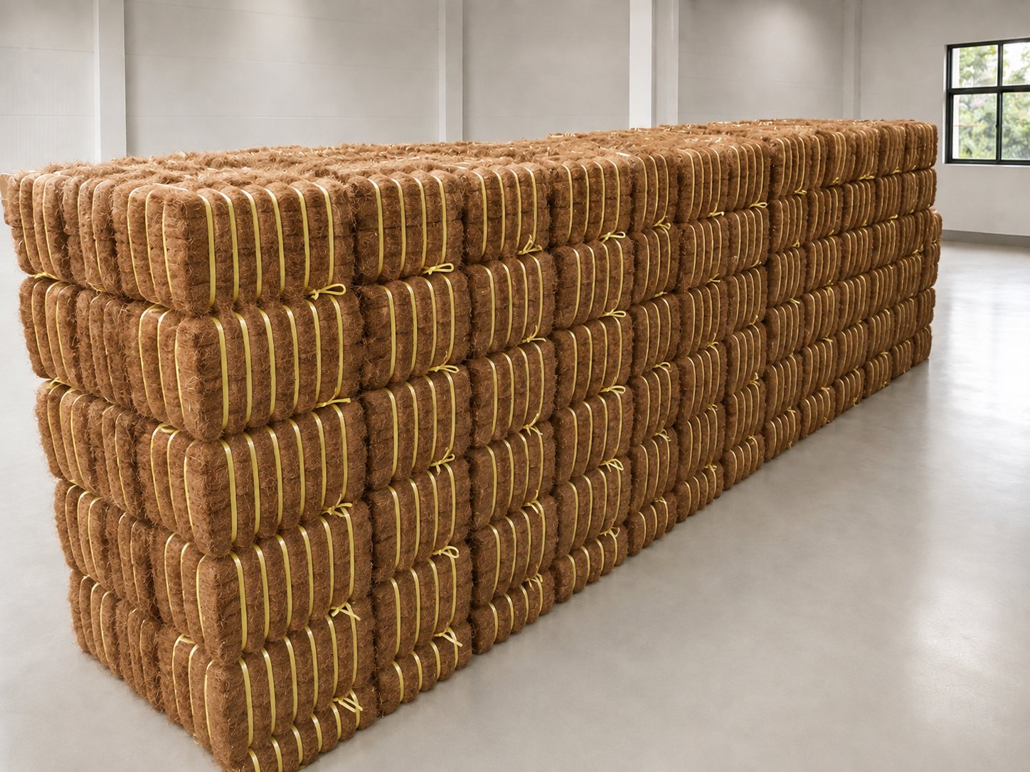 Compressed coir bale fibre stacked and ready for export