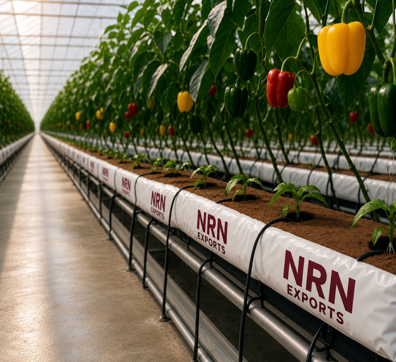 Coir grow bags in use in a commercial greenhouse