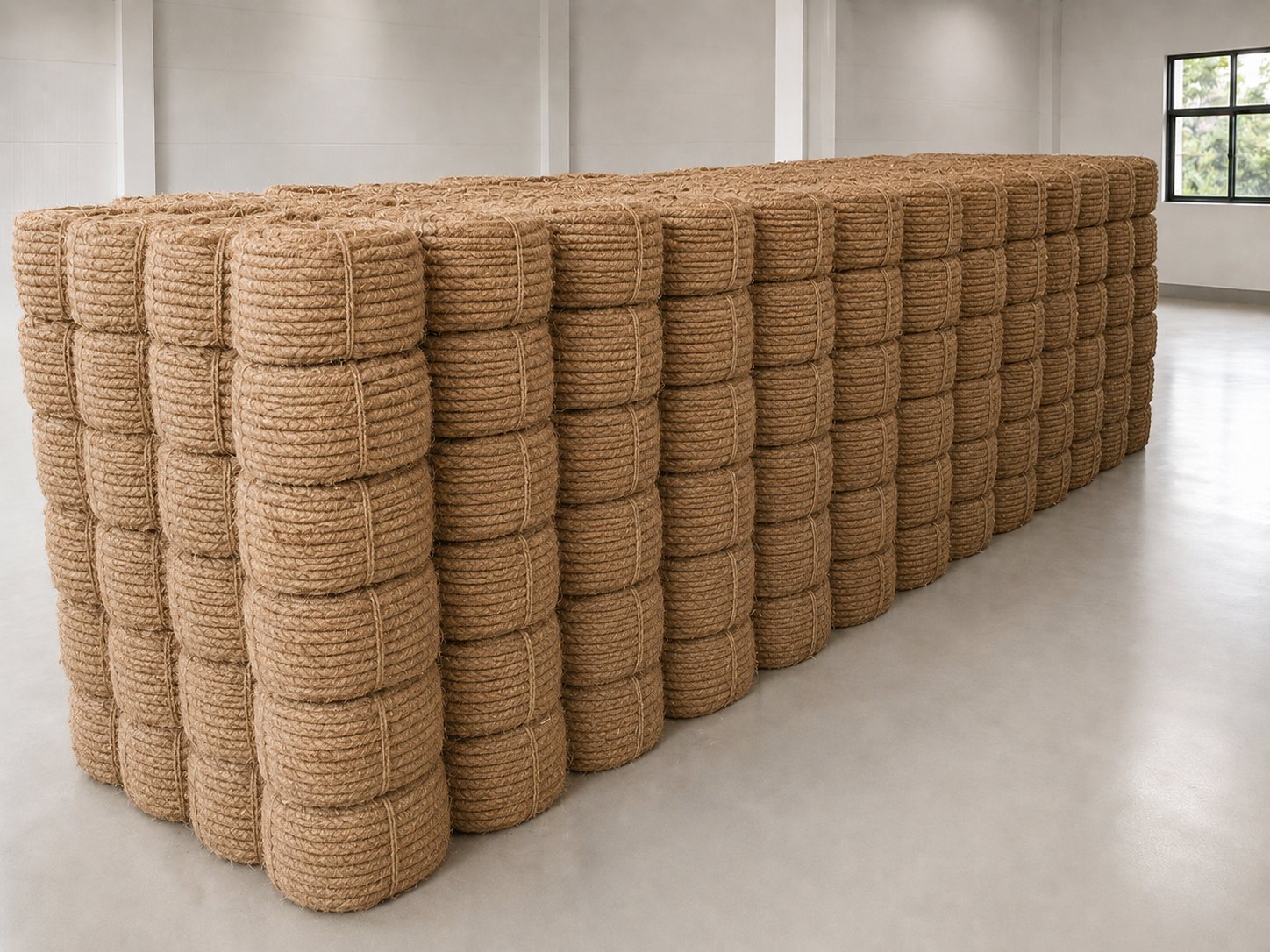 Twisted coir fibre rolls stacked and ready for export