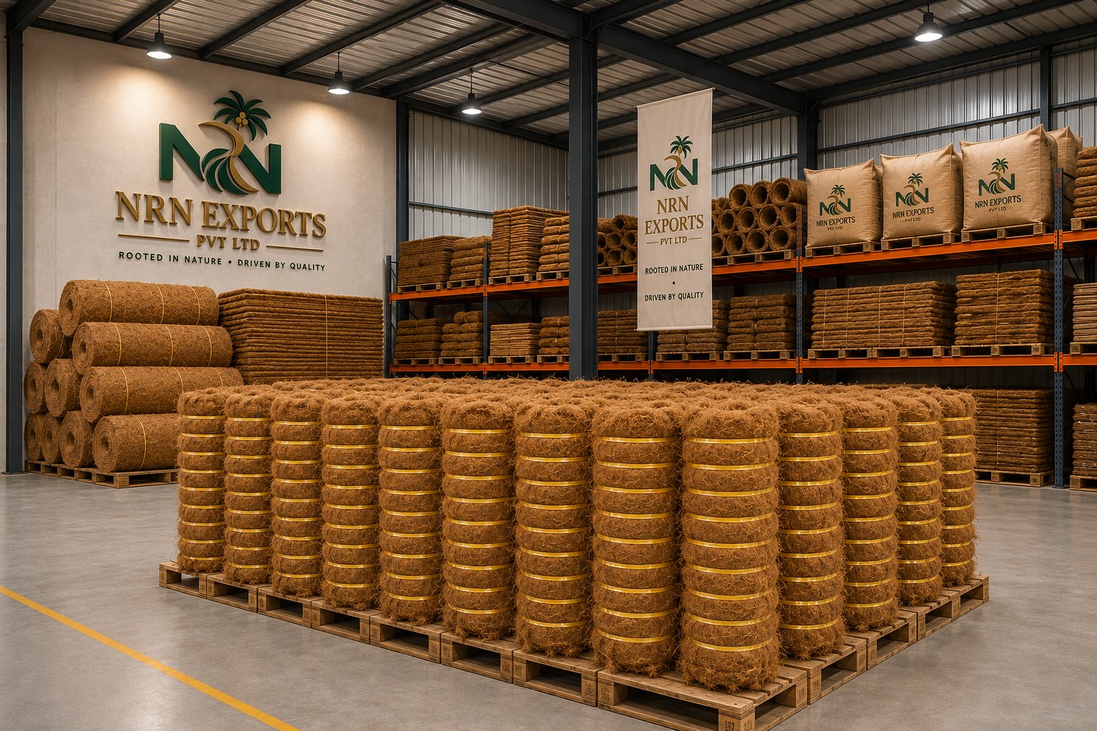 NRN Exports warehouse — coir fibre bales and coco peat blocks ready for export